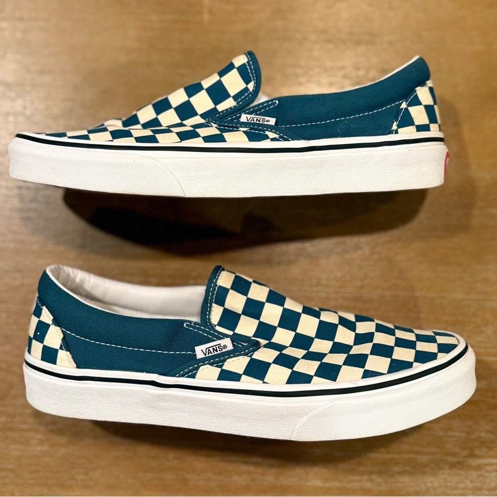 Vans Classic Slip-On Checkerboard Teal Blue Cream White Skater Sz M 7.5 / W 9 - Picture 9 of 10